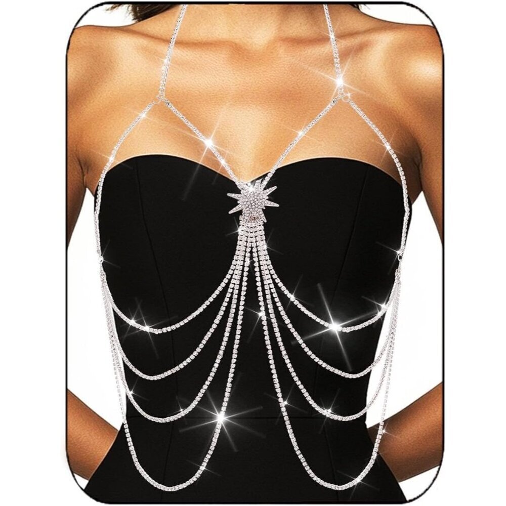 Silver Rhinestone Body Chain Star Bikini Jewelry Women's Festival Accessory